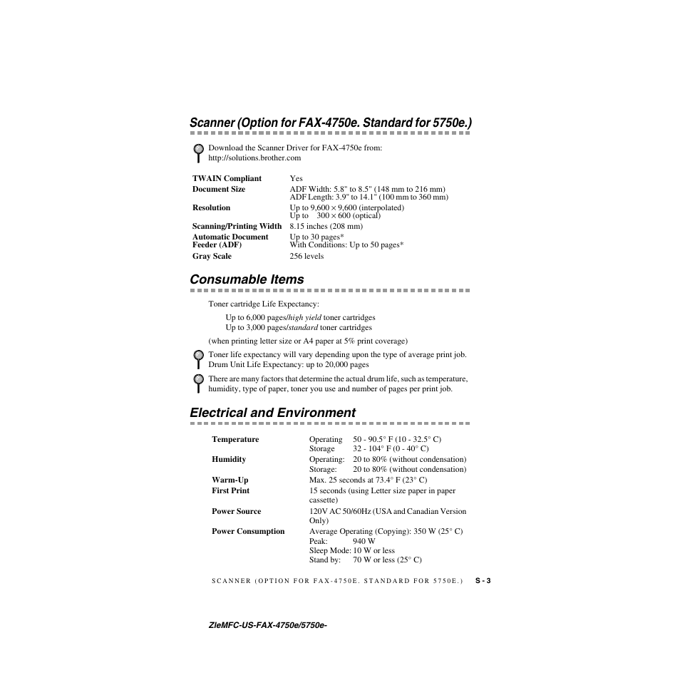 Consumable items, Electrical and environment | Brother FAX-5750e User Manual | Page 218 / 231