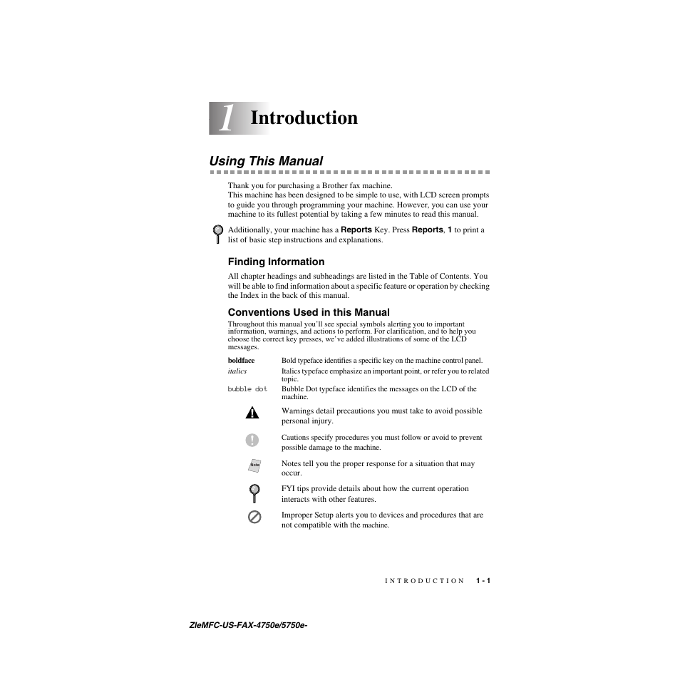 1 introduction, Using this manual, Finding information | Conventions used in this manual, Introduction -1, Using this manual -1, Introduction | Brother FAX-5750e User Manual | Page 22 / 231