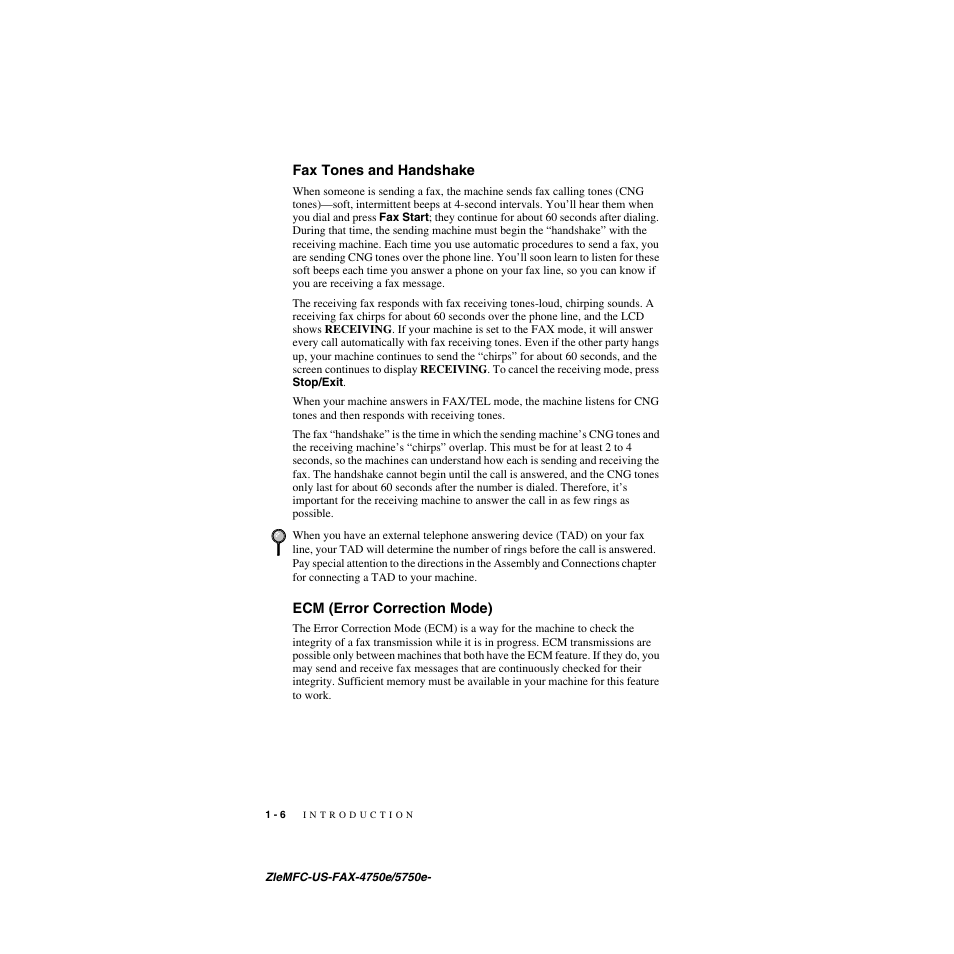 Fax tones and handshake, Ecm (error correction mode) | Brother FAX-5750e User Manual | Page 27 / 231