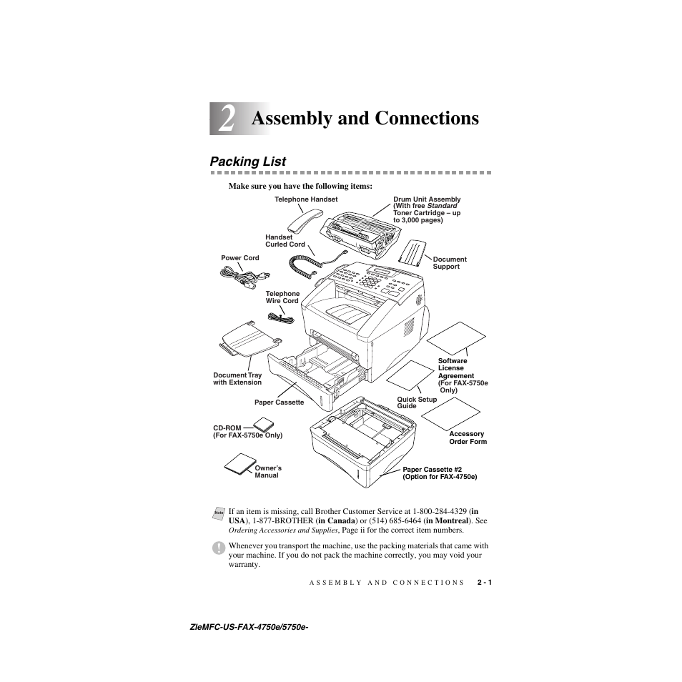 2 assembly and connections, Packing list, Assembly and connections -1 | Packing list -1, Assembly and connections | Brother FAX-5750e User Manual | Page 28 / 231