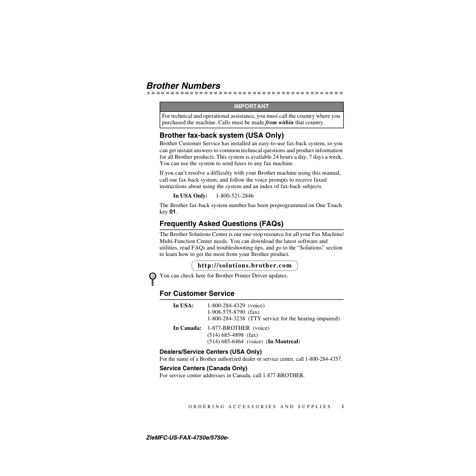 Brother numbers, Brother fax-back system (usa only), Frequently asked questions (faqs) | For customer service, Dealers/service centers (usa only), Service centers (canada only) | Brother FAX-5750e User Manual | Page 3 / 231