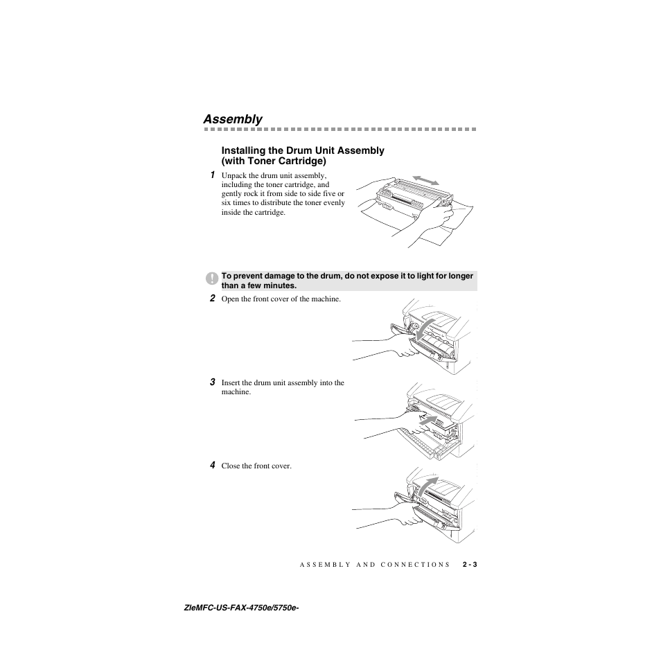 Assembly, Assembly -3, Installing the drum unit assembly | With toner cartridge) -3 | Brother FAX-5750e User Manual | Page 30 / 231