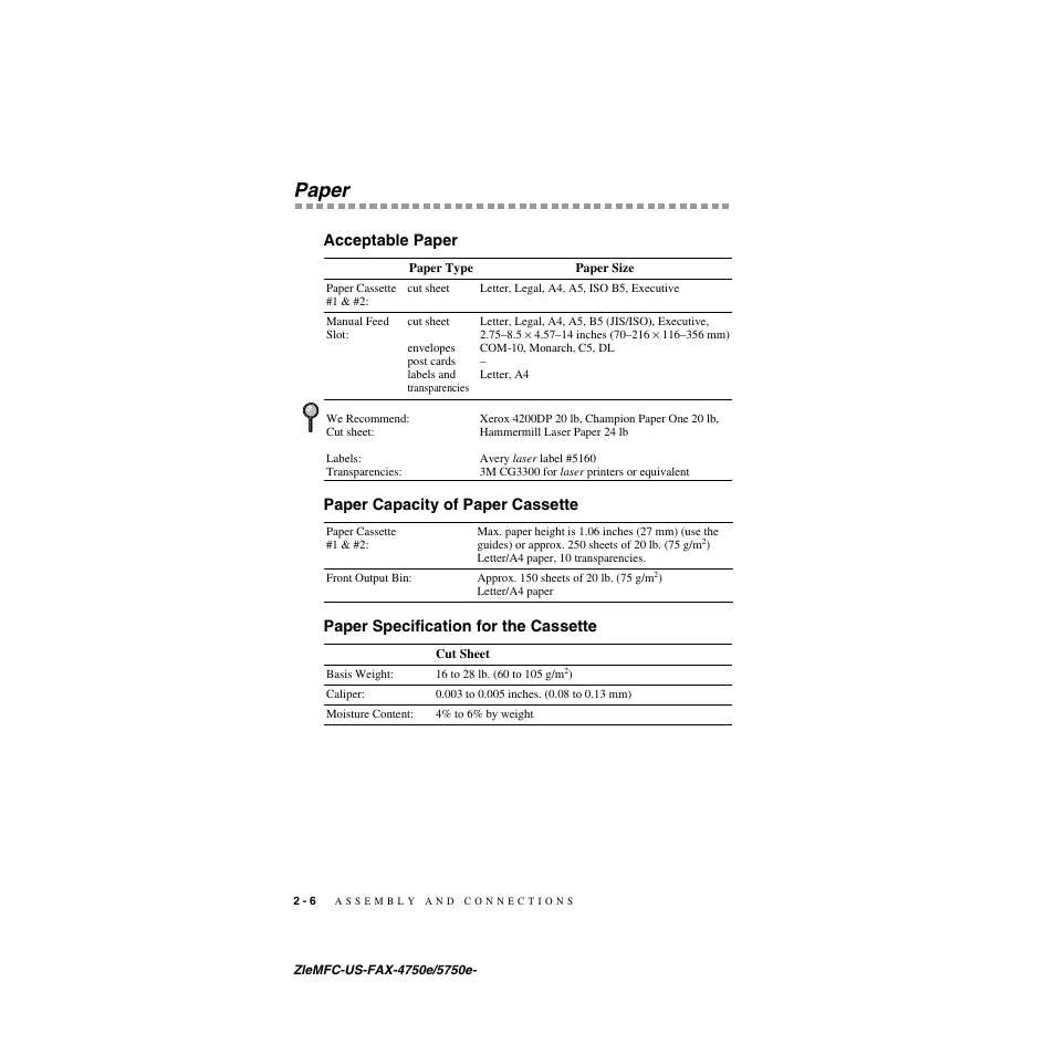 Paper, Acceptable paper, Paper capacity of paper cassette | Paper specification for the cassette, Paper -6 | Brother FAX-5750e User Manual | Page 33 / 231