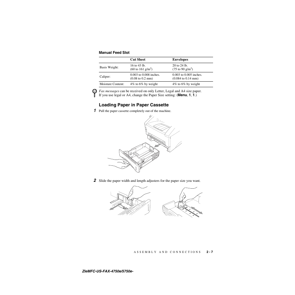 Manual feed slot, Loading paper in paper cassette, Manual feed slot -7 | Loading paper in paper cassette -7, Loading paper in paper cassette 1 | Brother FAX-5750e User Manual | Page 34 / 231