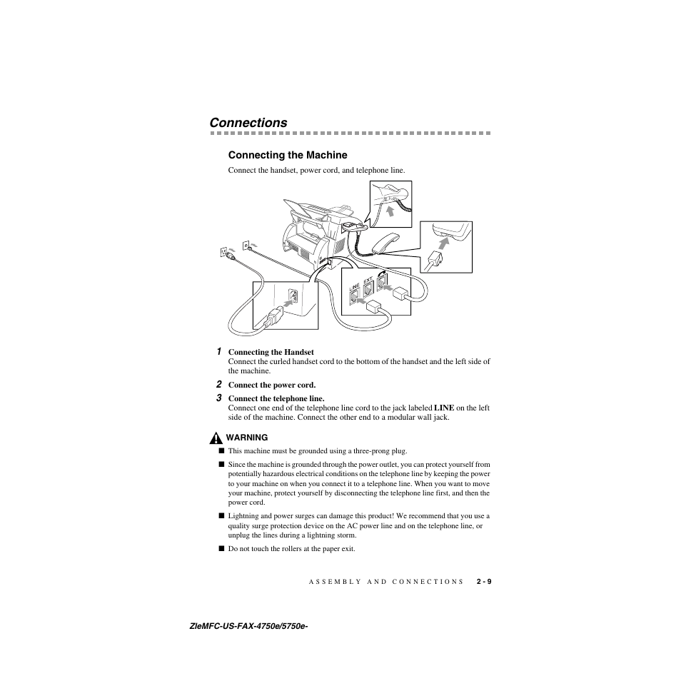 Connections, Connecting the machine, Connections -9 | Connecting the machine -9 | Brother FAX-5750e User Manual | Page 36 / 231