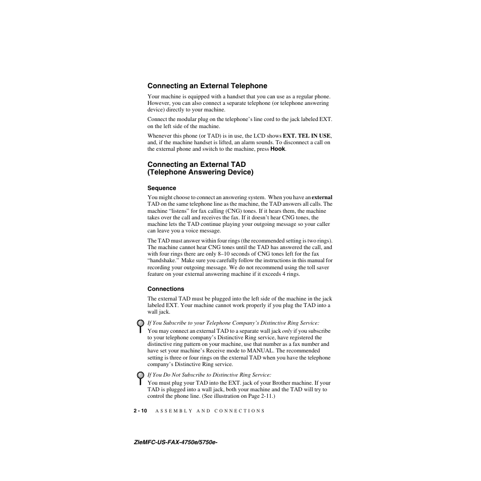 Connecting an external telephone, Sequence, Connections | Brother FAX-5750e User Manual | Page 37 / 231