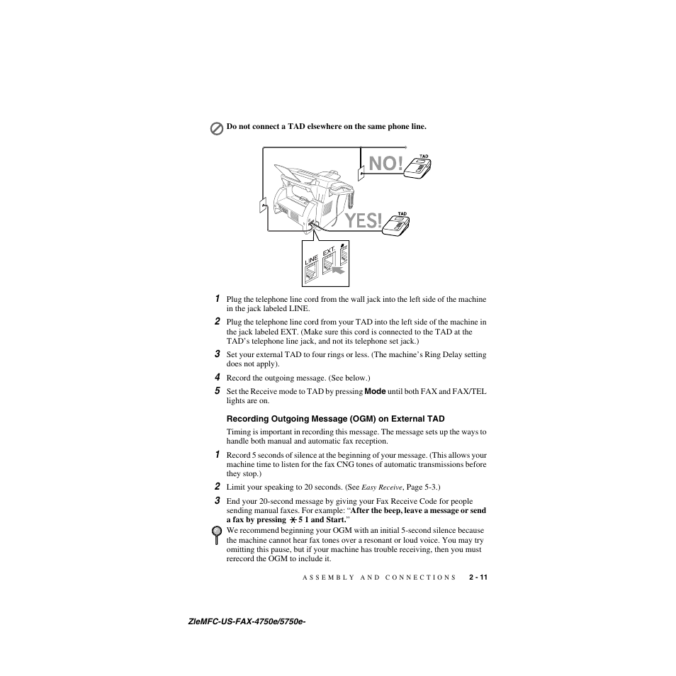 Recording outgoing message (ogm) on external tad | Brother FAX-5750e User Manual | Page 38 / 231