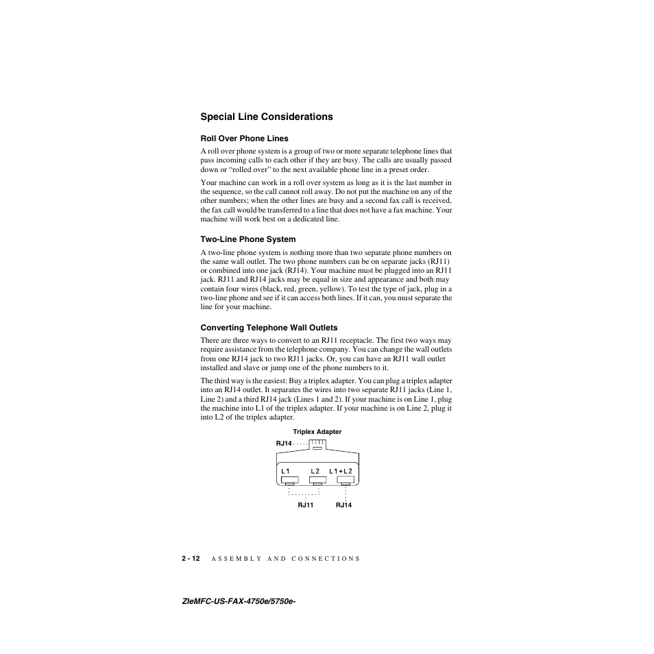 Special line considerations, Roll over phone lines, Two-line phone system | Converting telephone wall outlets, Special line considerations -12 | Brother FAX-5750e User Manual | Page 39 / 231