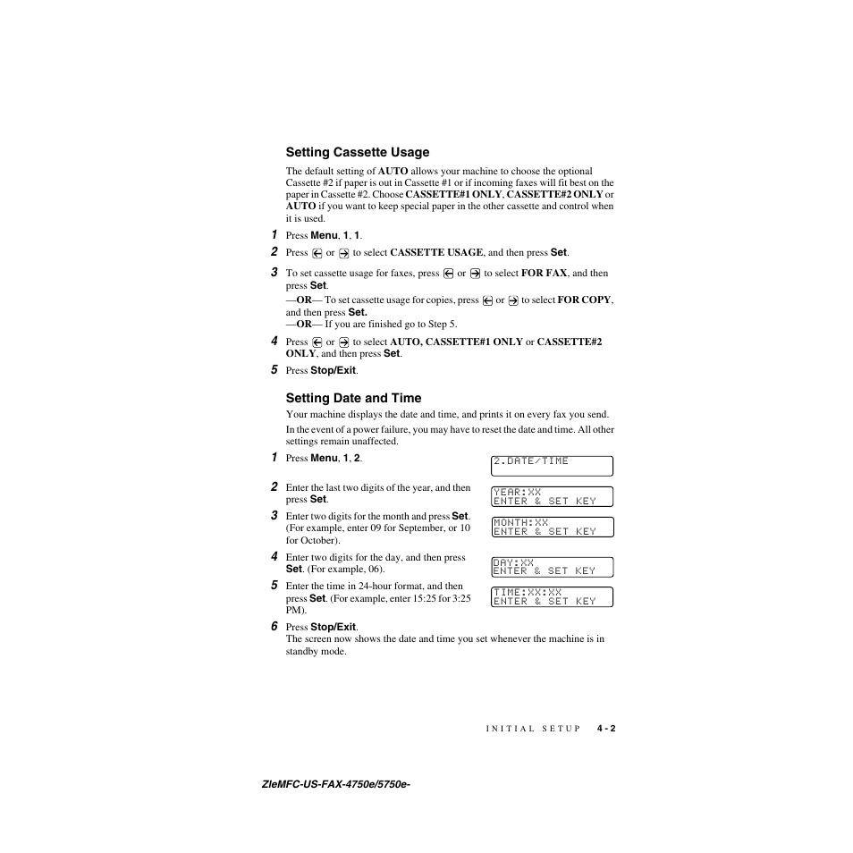 Setting cassette usage, Setting date and time, Setting cassette usage -2 setting date and time -2 | Brother FAX-5750e User Manual | Page 50 / 231