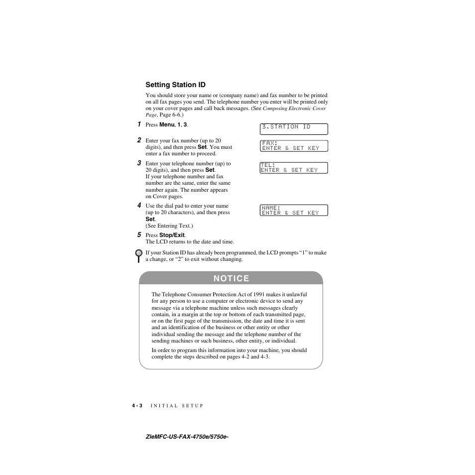 Setting station id, Setting station id -3, Setting | Station id, N ot i c e | Brother FAX-5750e User Manual | Page 51 / 231