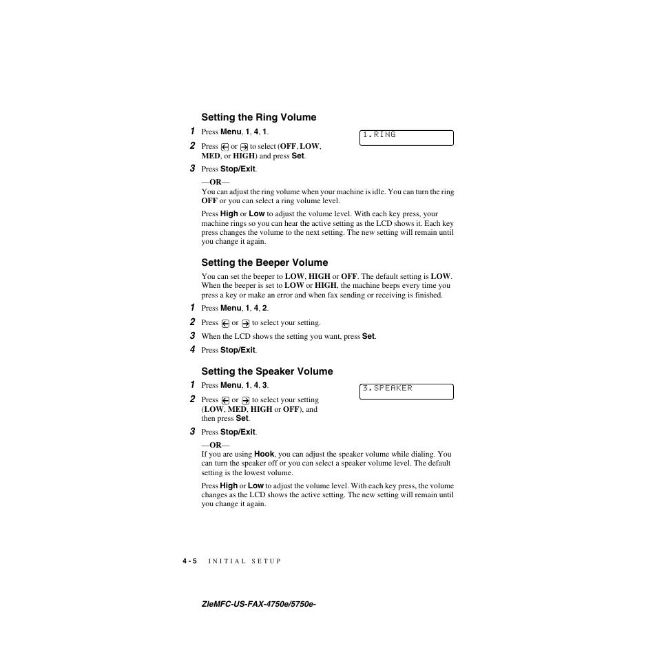 Setting the ring volume, Setting the beeper volume, Setting the speaker volume | Setting the ring volume 1, Setting the speaker volume 1 | Brother FAX-5750e User Manual | Page 53 / 231