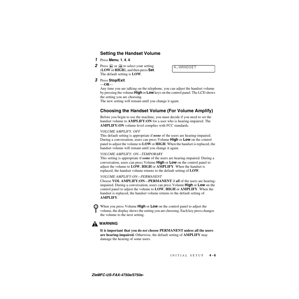 Setting the handset volume, Choosing the handset volume (for volume amplify), Setting the handset volume 1 | Brother FAX-5750e User Manual | Page 54 / 231