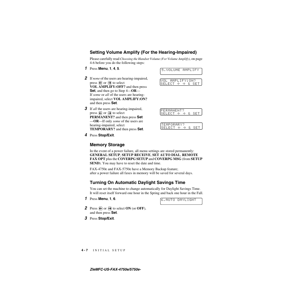 Setting volume amplify (for the hearing-impaired), Memory storage, Turning on automatic daylight savings time | Brother FAX-5750e User Manual | Page 55 / 231