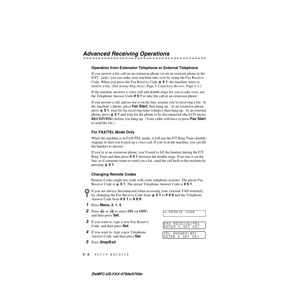 Advanced receiving operations, For fax/tel mode only, Changing remote codes | Advanced receiving operations -5, Operation from extension telephone or external, Telephone -5, For fax/tel mode only -5 changing remote codes -5, For fax/tel mode, Only, For fax/tel | Brother FAX-5750e User Manual | Page 61 / 231