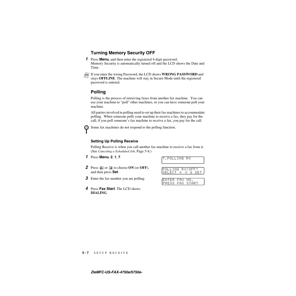 Turning memory security off, Polling, Setting up polling receive | Turning memory security off -7 polling -7, Setting up polling receive -7 | Brother FAX-5750e User Manual | Page 63 / 231