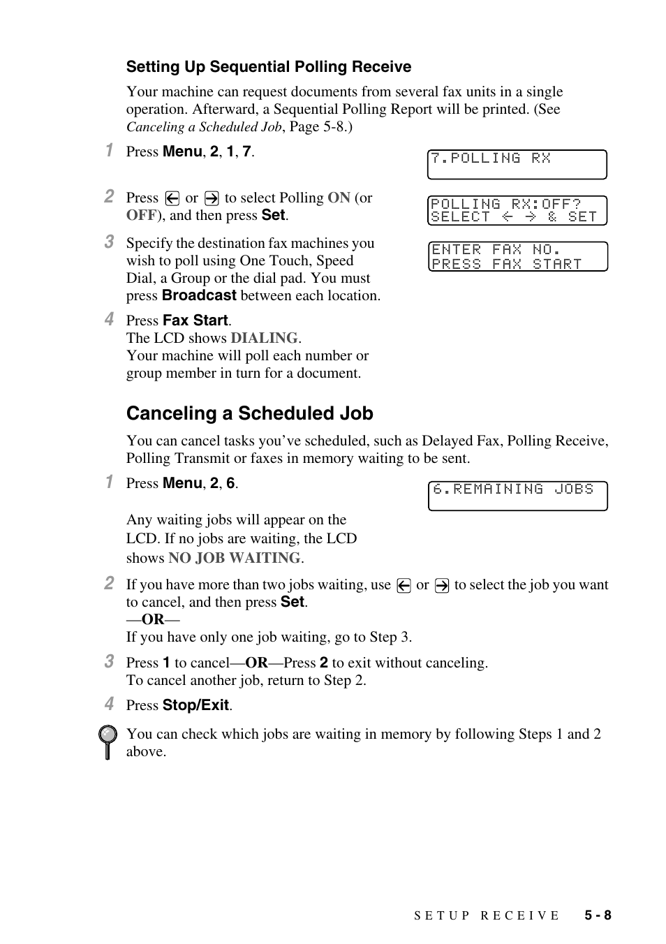 Setting up sequential polling receive, Canceling a scheduled job, Setting up sequential polling receive -8 | Canceling a scheduled job -8 | Brother FAX-5750e User Manual | Page 64 / 231