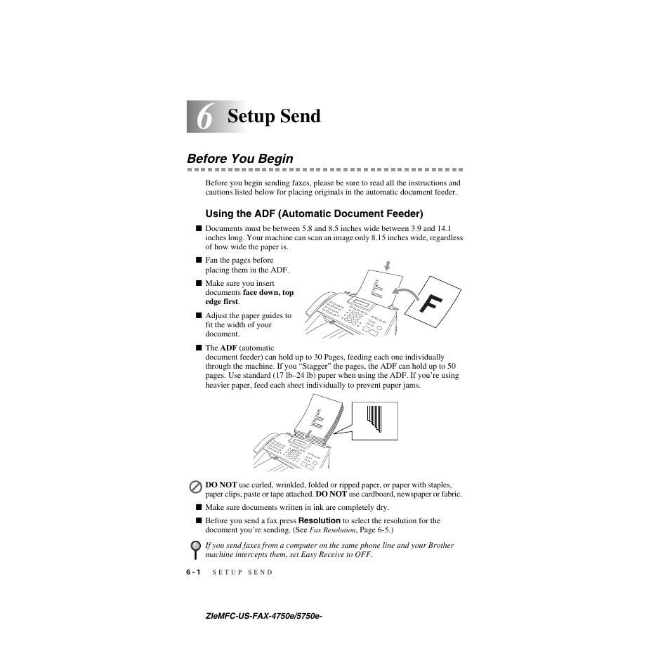 6 setup send, Before you begin, Using the adf (automatic document feeder) | Setup send -1, Before you begin -1, Using the adf (automatic document feeder) -1, Setup send | Brother FAX-5750e User Manual | Page 65 / 231