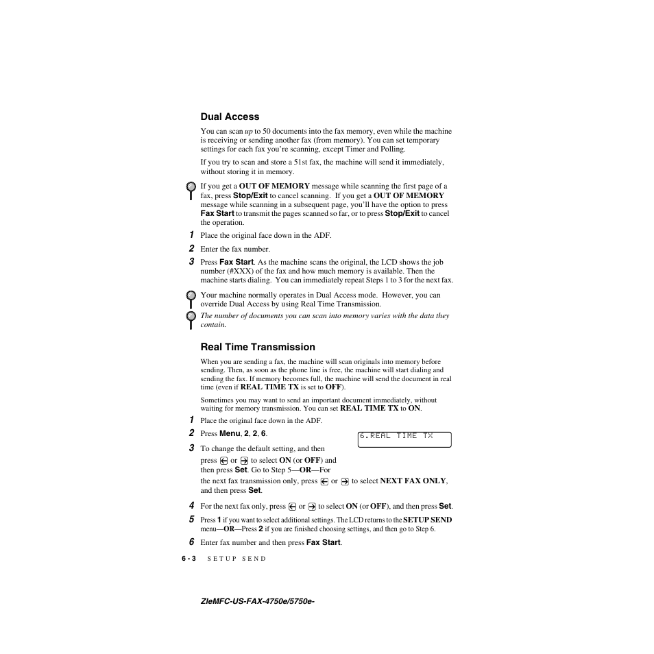 Dual access, Real time transmission, Dual access -3 real time transmission -3 | Real, Time transmission | Brother FAX-5750e User Manual | Page 67 / 231