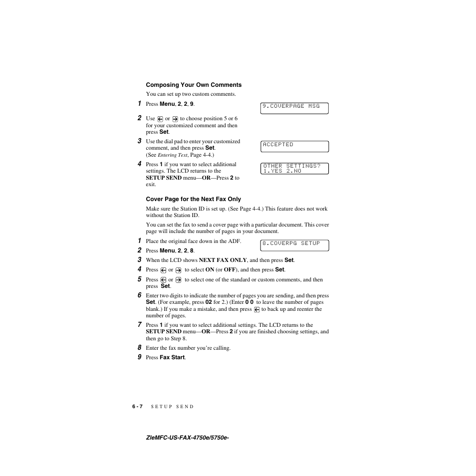 Composing your own comments | Brother FAX-5750e User Manual | Page 71 / 231