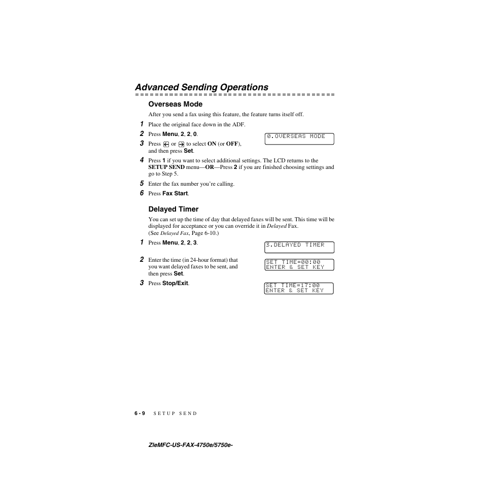 Advanced sending operations, Overseas mode, Delayed timer | Advanced sending operations -9, Overseas mode -9 delayed timer -9 | Brother FAX-5750e User Manual | Page 73 / 231