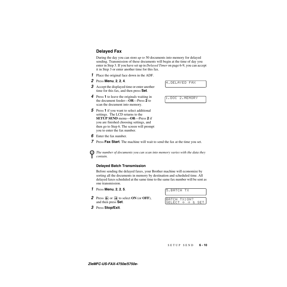 Delayed fax, Delayed batch transmission, Delayed fax -10 | Delayed batch transmission -10 | Brother FAX-5750e User Manual | Page 74 / 231