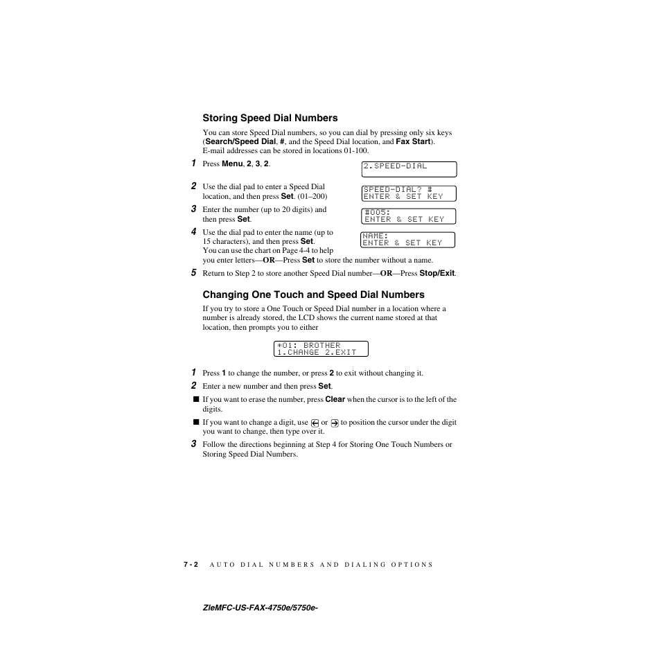 Storing speed dial numbers, Changing one touch and speed dial numbers | Brother FAX-5750e User Manual | Page 77 / 231