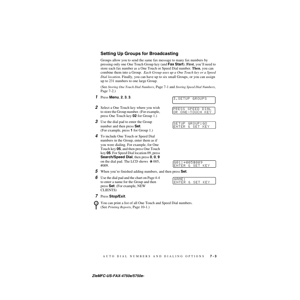 Setting up groups for broadcasting, Setting up groups for broadcasting -3 | Brother FAX-5750e User Manual | Page 78 / 231