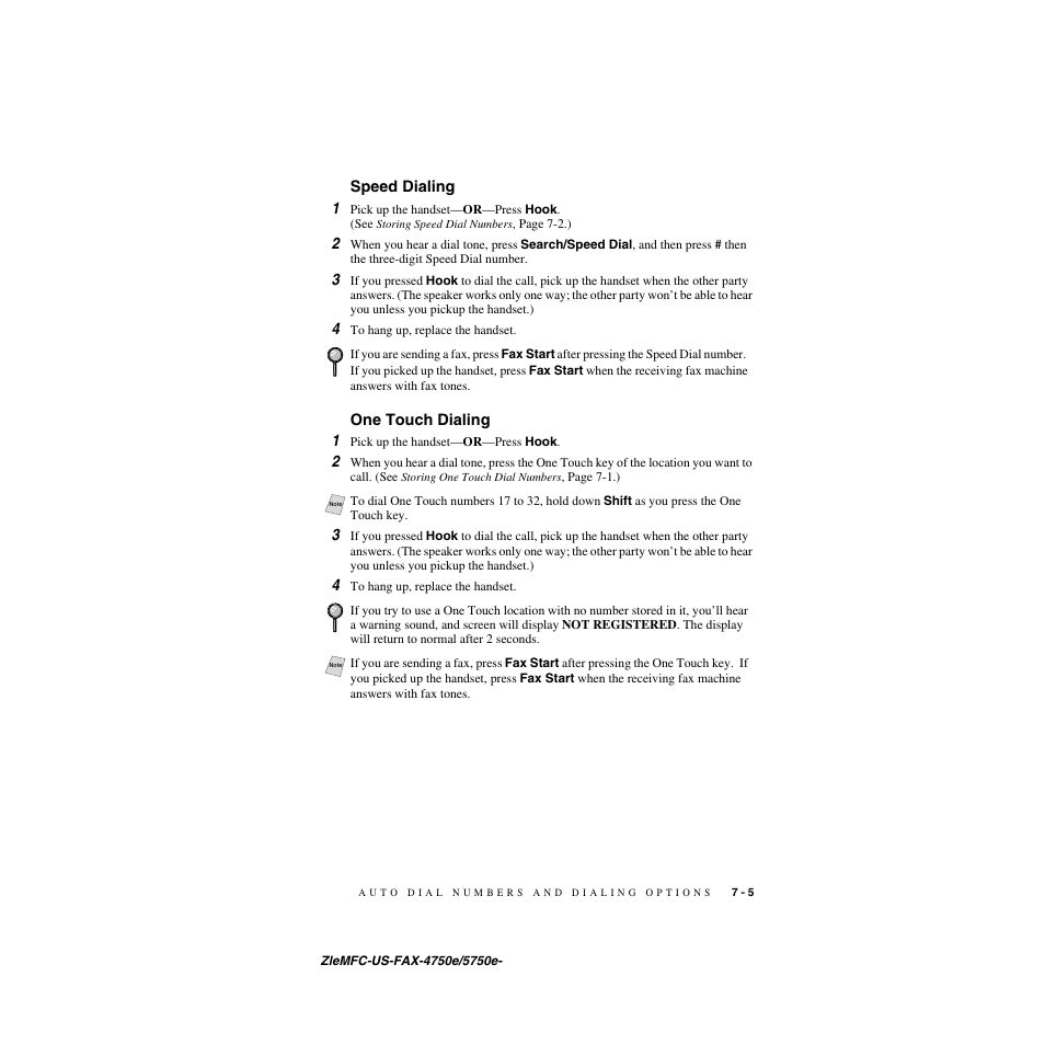 Speed dialing, One touch dialing, Speed dialing -5 one touch dialing -5 | Dialing manually, the name is left blank. (see, As the call is dialed. (see, Speed dialing 1, One touch dialing 1 | Brother FAX-5750e User Manual | Page 80 / 231