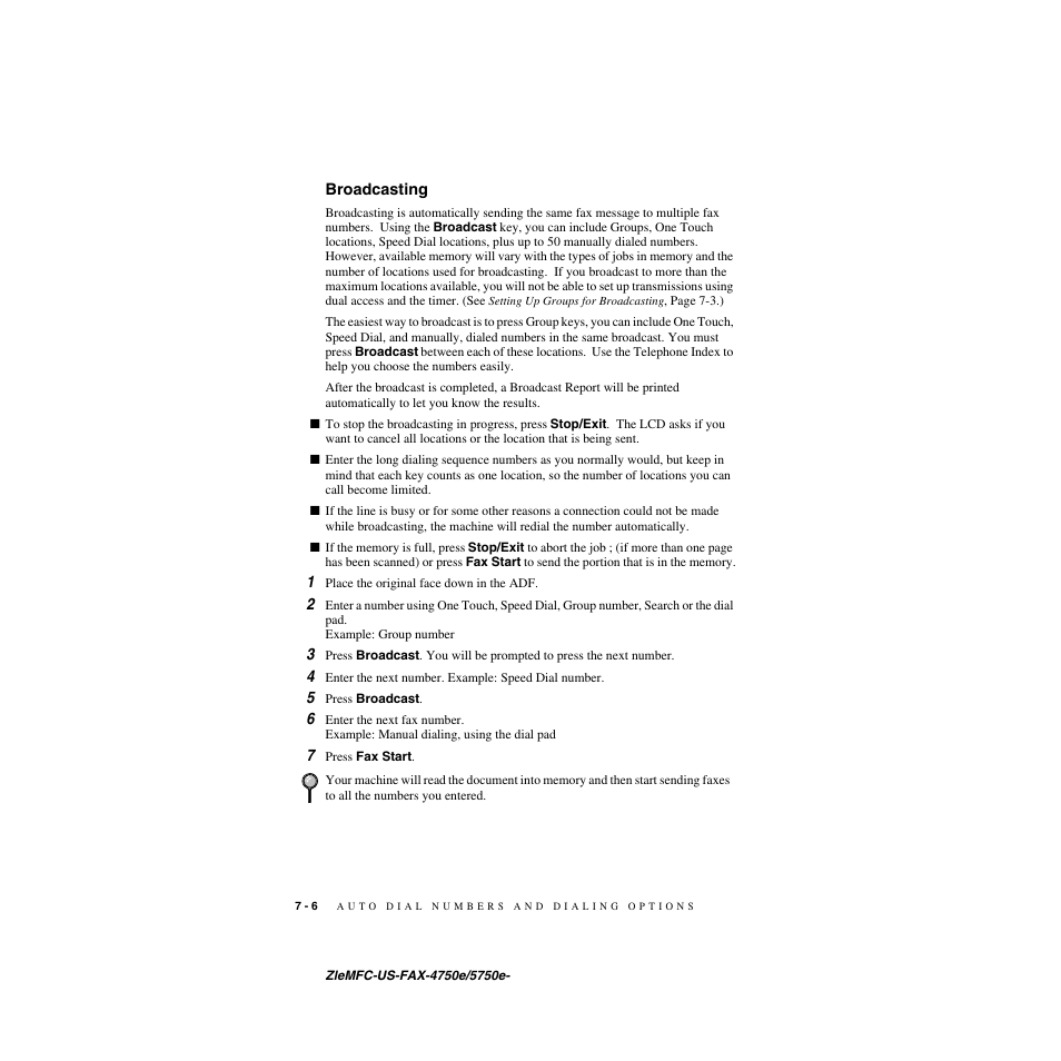 Broadcasting, Broadcasting -6 | Brother FAX-5750e User Manual | Page 81 / 231