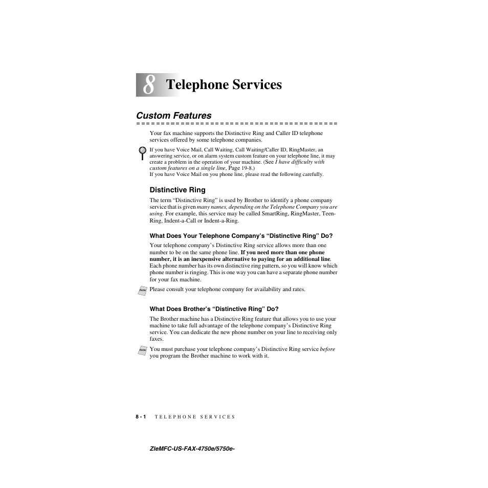 8 telephone services, Custom features, Distinctive ring | What does brother’s “distinctive ring” do, Telephone services -1, Custom features -1, Distinctive ring -1, What does your telephone company’s, Distinctive ring” do? -1, What does brother’s “distinctive ring” do? -1 | Brother FAX-5750e User Manual | Page 83 / 231