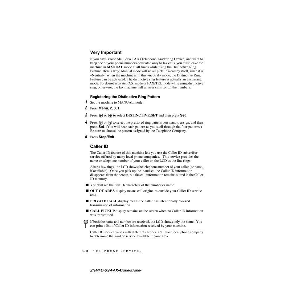 Very important, Registering the distinctive ring pattern, Caller id | Very important -3, Registering the distinctive ring pattern -3, Caller id -3 | Brother FAX-5750e User Manual | Page 85 / 231