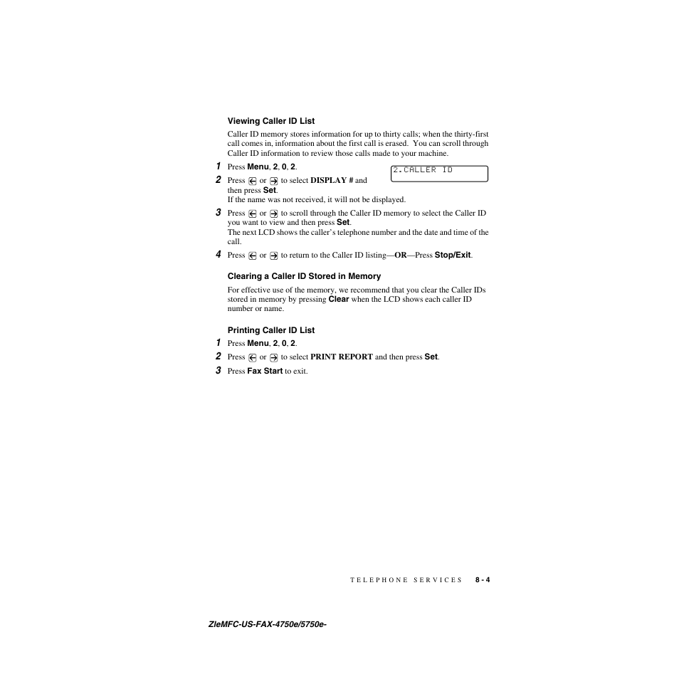 Viewing caller id list, Clearing a caller id stored in memory, Printing caller id list | Brother FAX-5750e User Manual | Page 86 / 231