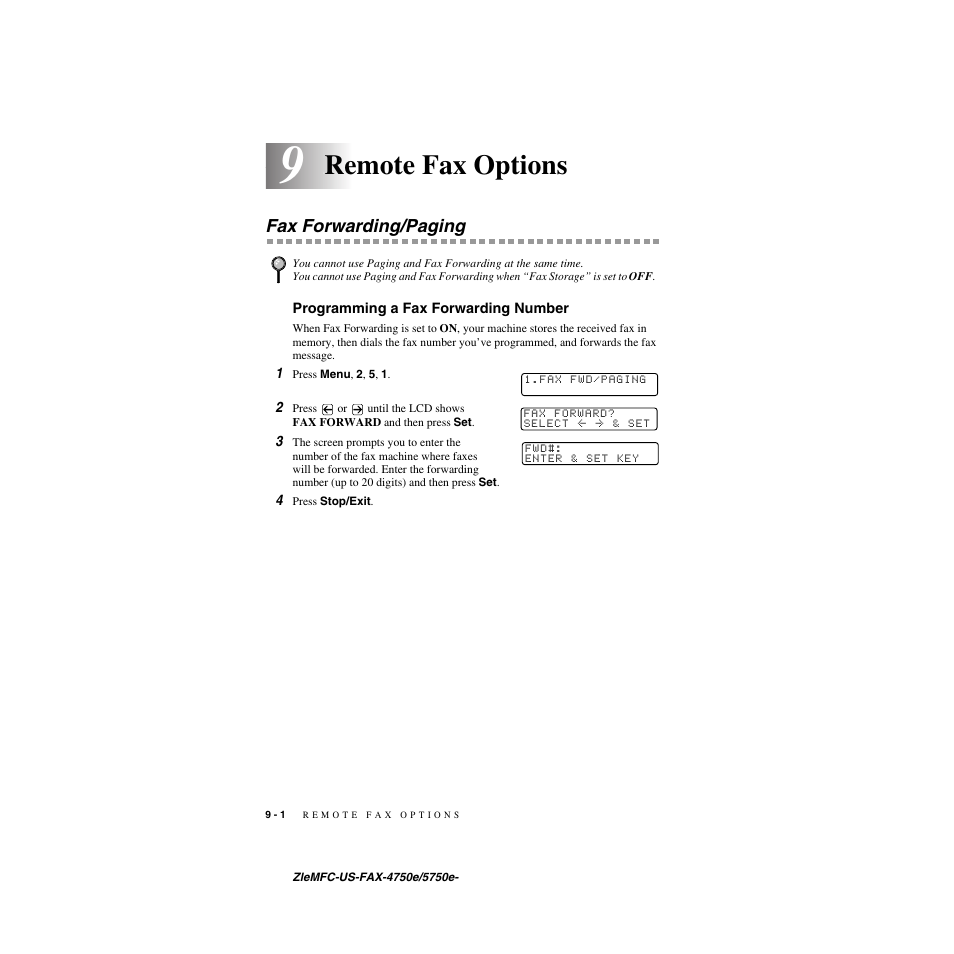 9 remote fax options, Fax forwarding/paging, Programming a fax forwarding number | Remote fax options -1, Fax forwarding/paging -1, Programming a fax forwarding number -1, Remote fax options | Brother FAX-5750e User Manual | Page 87 / 231