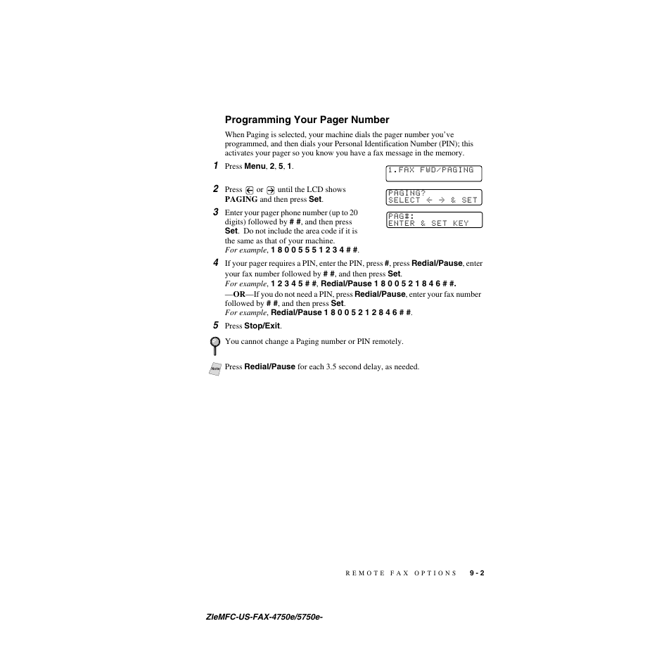 Programming your pager number | Brother FAX-5750e User Manual | Page 88 / 231