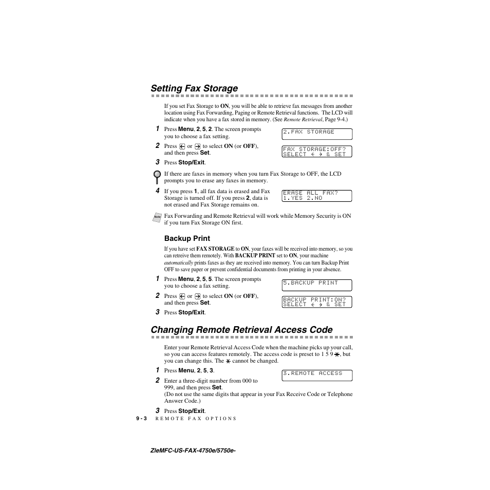 Setting fax storage, Backup print, Changing remote retrieval access code | Setting fax storage -3, Backup print -3, Changing remote retrieval access code -3 | Brother FAX-5750e User Manual | Page 89 / 231