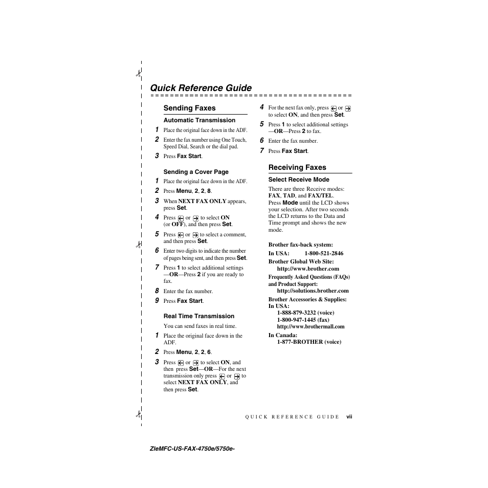 Quick reference guide, Sending faxes, Automatic transmission | Real time transmission, Receiving faxes, Select receive mode | Brother FAX-5750e User Manual | Page 9 / 231