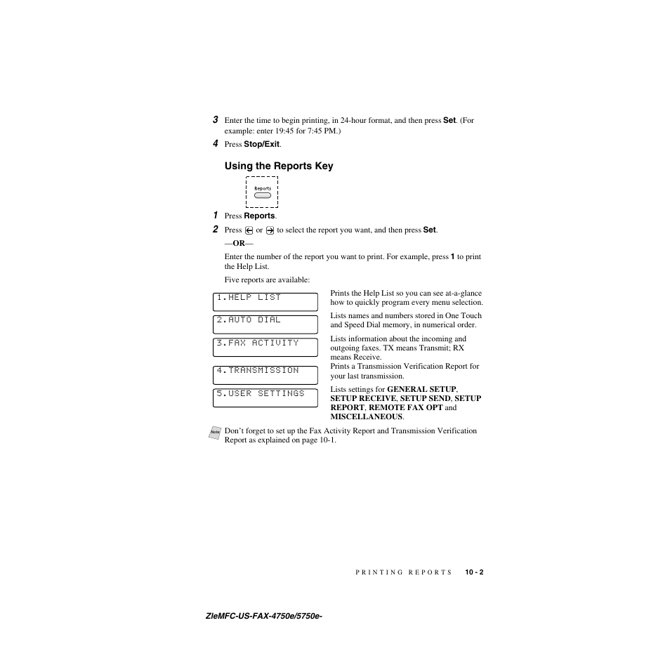 Using the reports key, Using the reports key -2, Using the reports key 1 | Brother FAX-5750e User Manual | Page 94 / 231