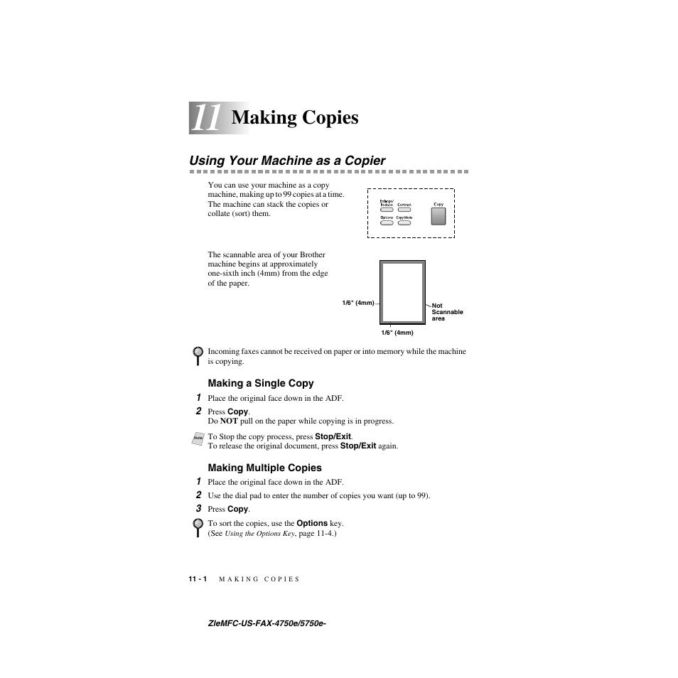 11 making copies, Using your machine as a copier, Making a single copy | Making multiple copies, Making copies -1, Using your machine as a copier -1, Making a single copy -1 making multiple copies -1, Making copies | Brother FAX-5750e User Manual | Page 95 / 231