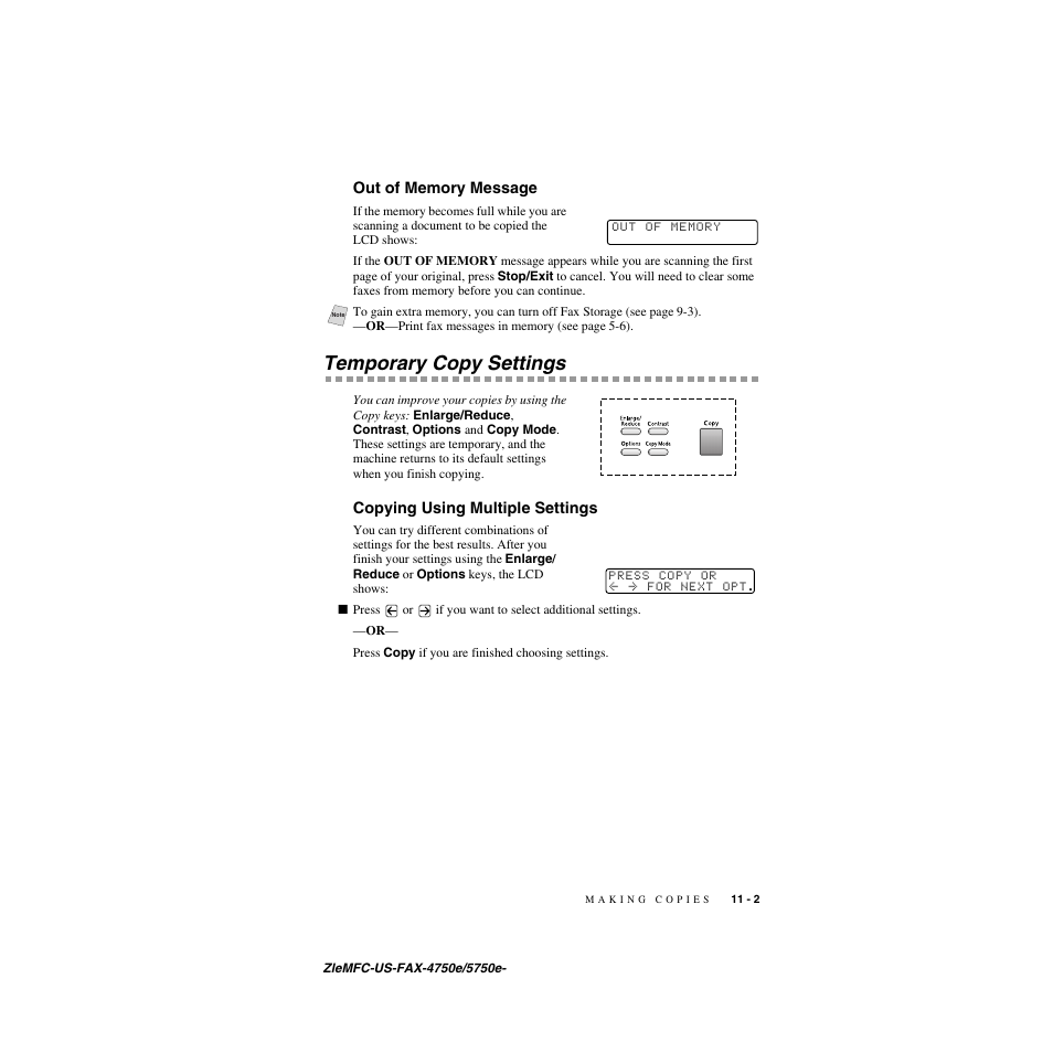 Out of memory message, Temporary copy settings, Copying using multiple settings | Out of memory message -2, Temporary copy settings -2, Copying using multiple settings -2 | Brother FAX-5750e User Manual | Page 96 / 231