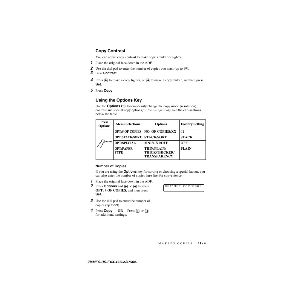 Copy contrast, Using the options key, Number of copies | Copy contrast -4 using the options key -4, Number of copies -4 | Brother FAX-5750e User Manual | Page 98 / 231