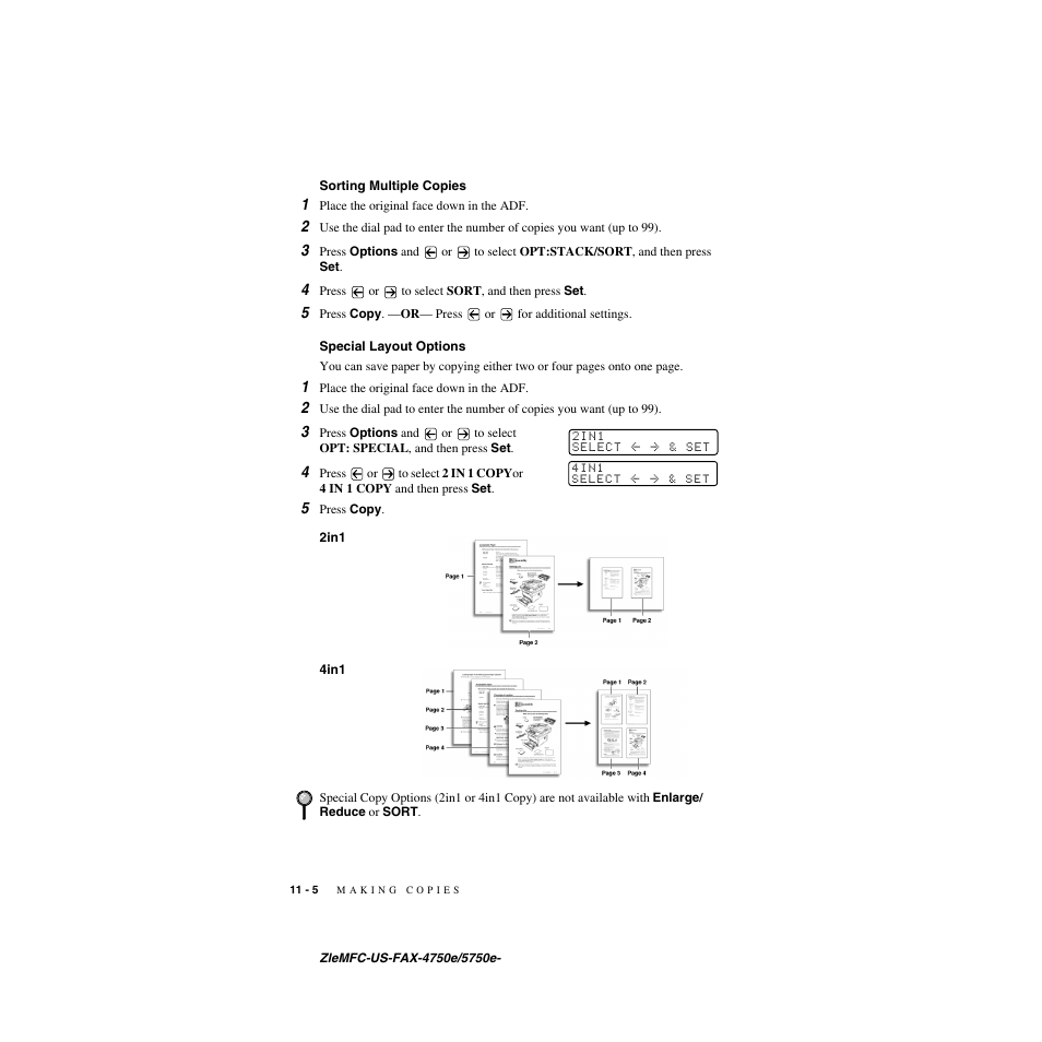 Sorting multiple copies, Special layout options | Brother FAX-5750e User Manual | Page 99 / 231