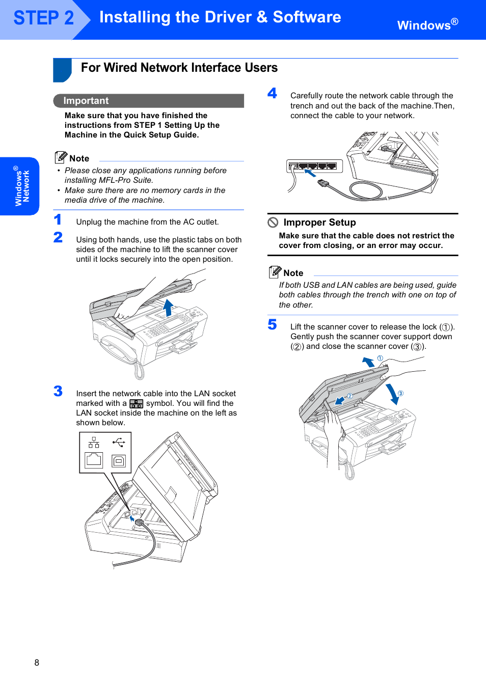 For wired network interface users, Step 2, Installing the driver & software | Windows, Important, Improper setup | Brother MFC-665CW User Manual | Page 10 / 31
