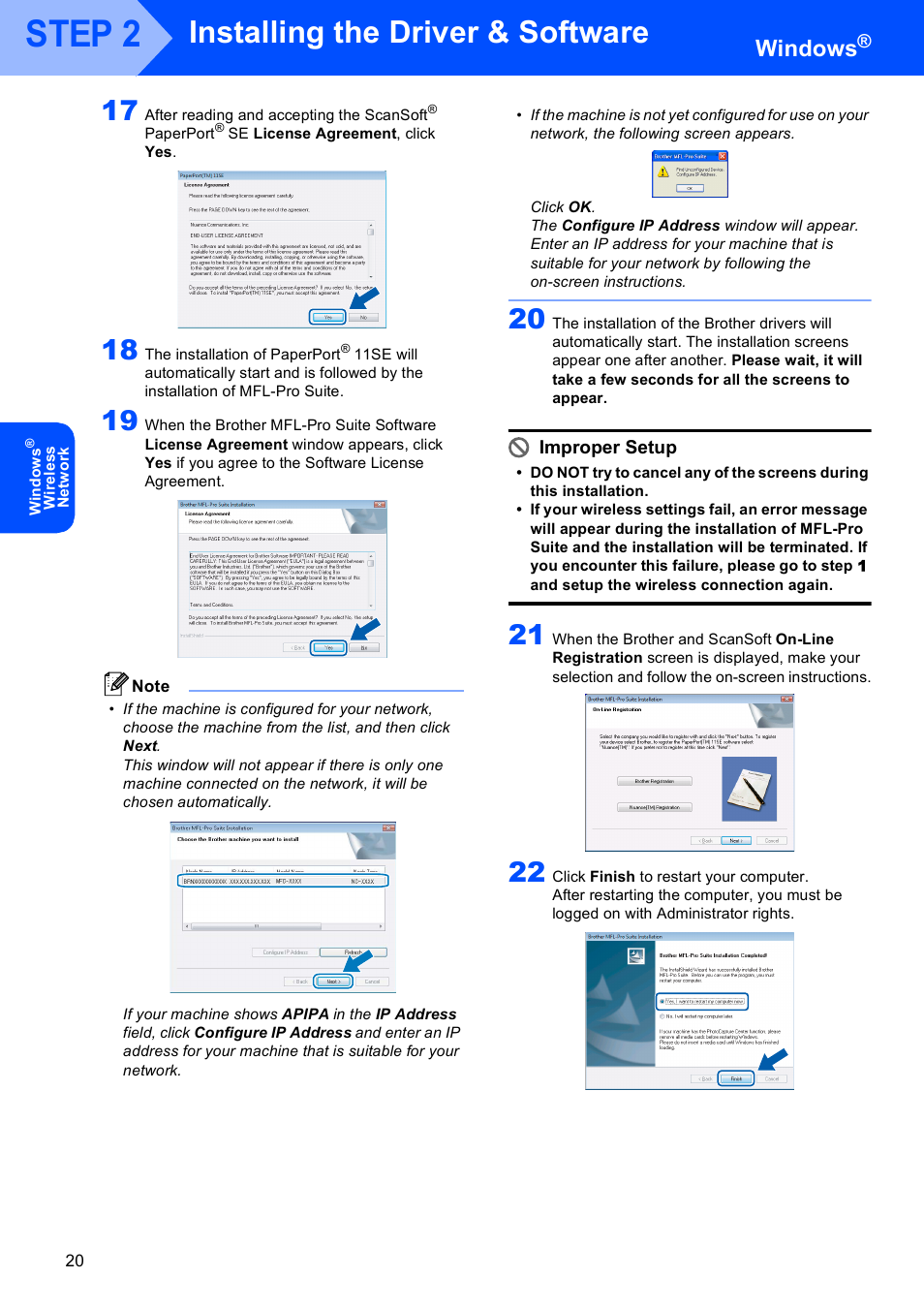 Step 2, Installing the driver & software, Windows | Improper setup | Brother MFC-665CW User Manual | Page 22 / 31