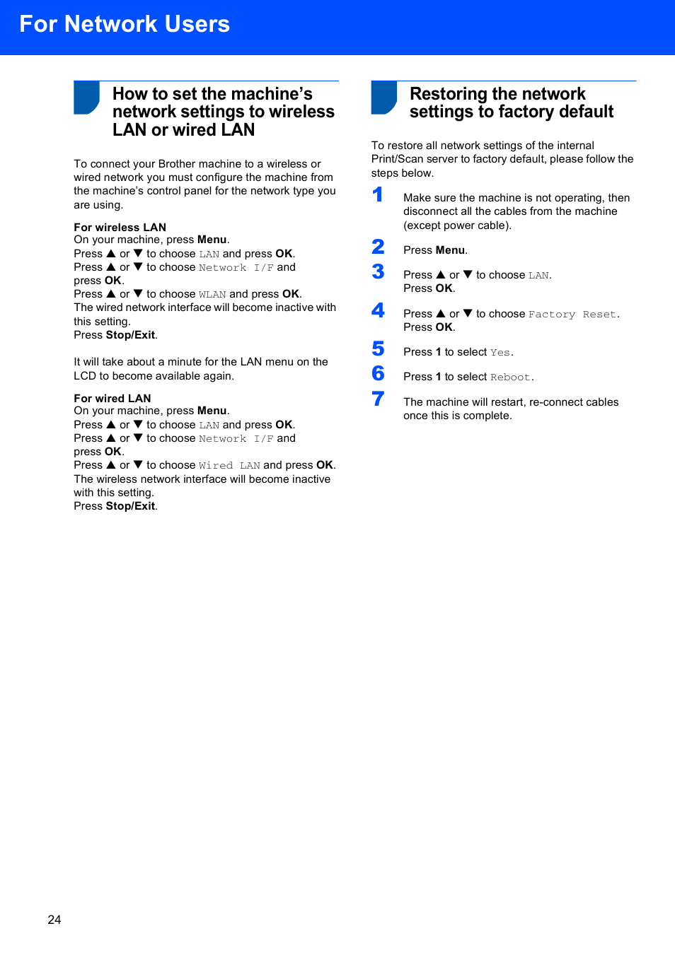 Restoring the network settings to factory default, For network users | Brother MFC-665CW User Manual | Page 26 / 31