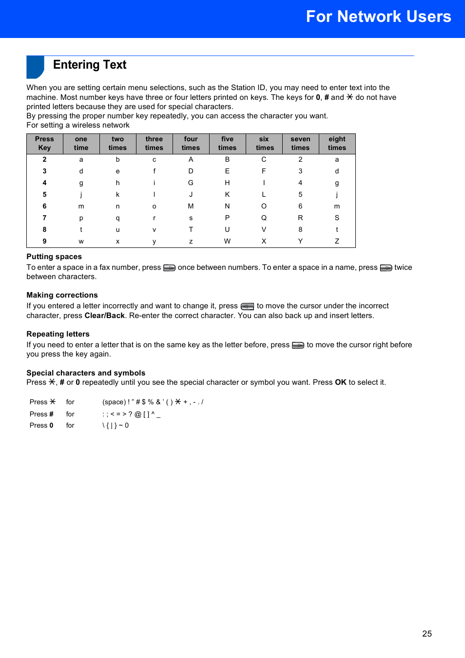 Entering text, For network users | Brother MFC-665CW User Manual | Page 27 / 31