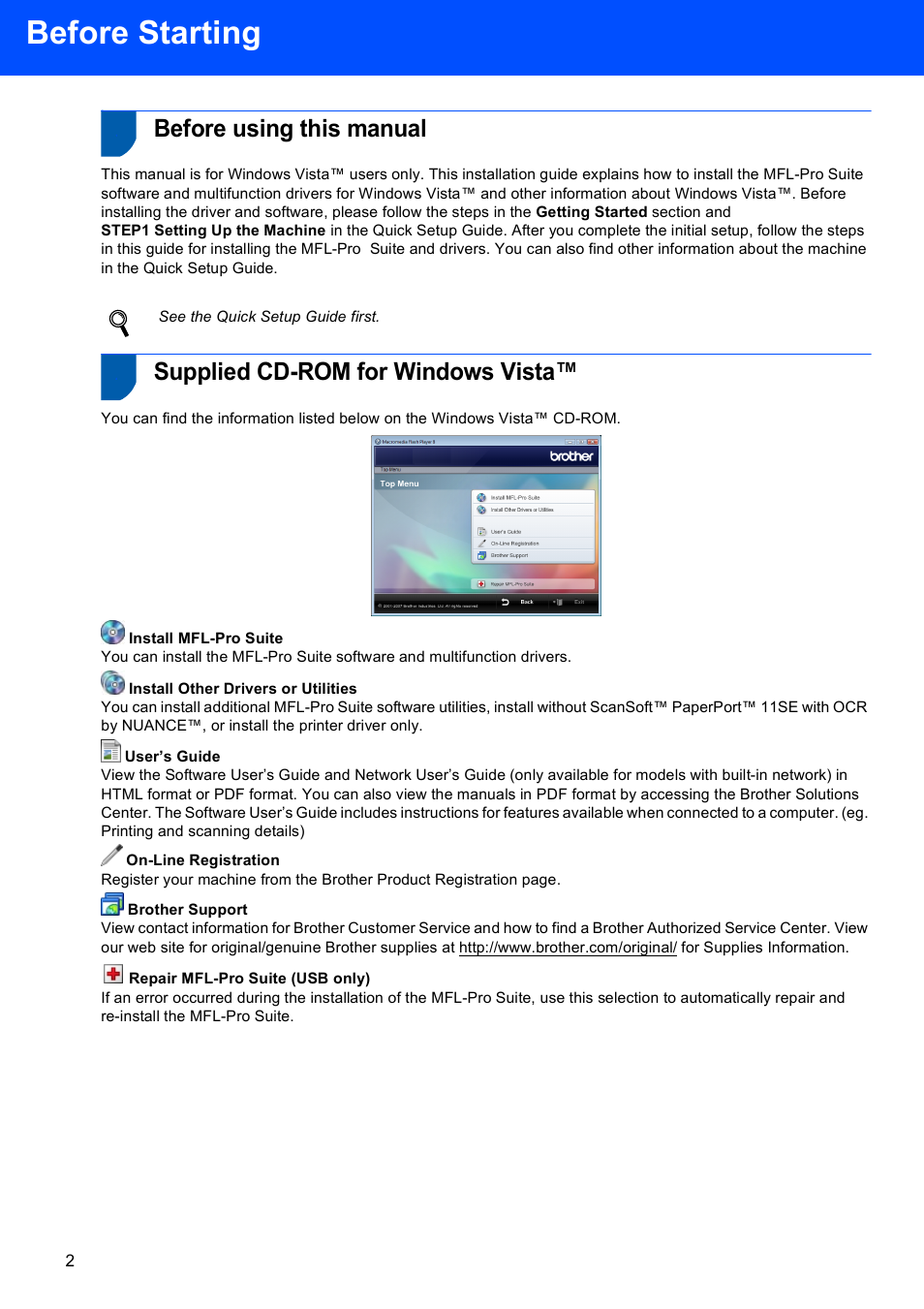 Before starting, Before using this manual, Supplied cd-rom for windows vista | Brother MFC-665CW User Manual | Page 4 / 31
