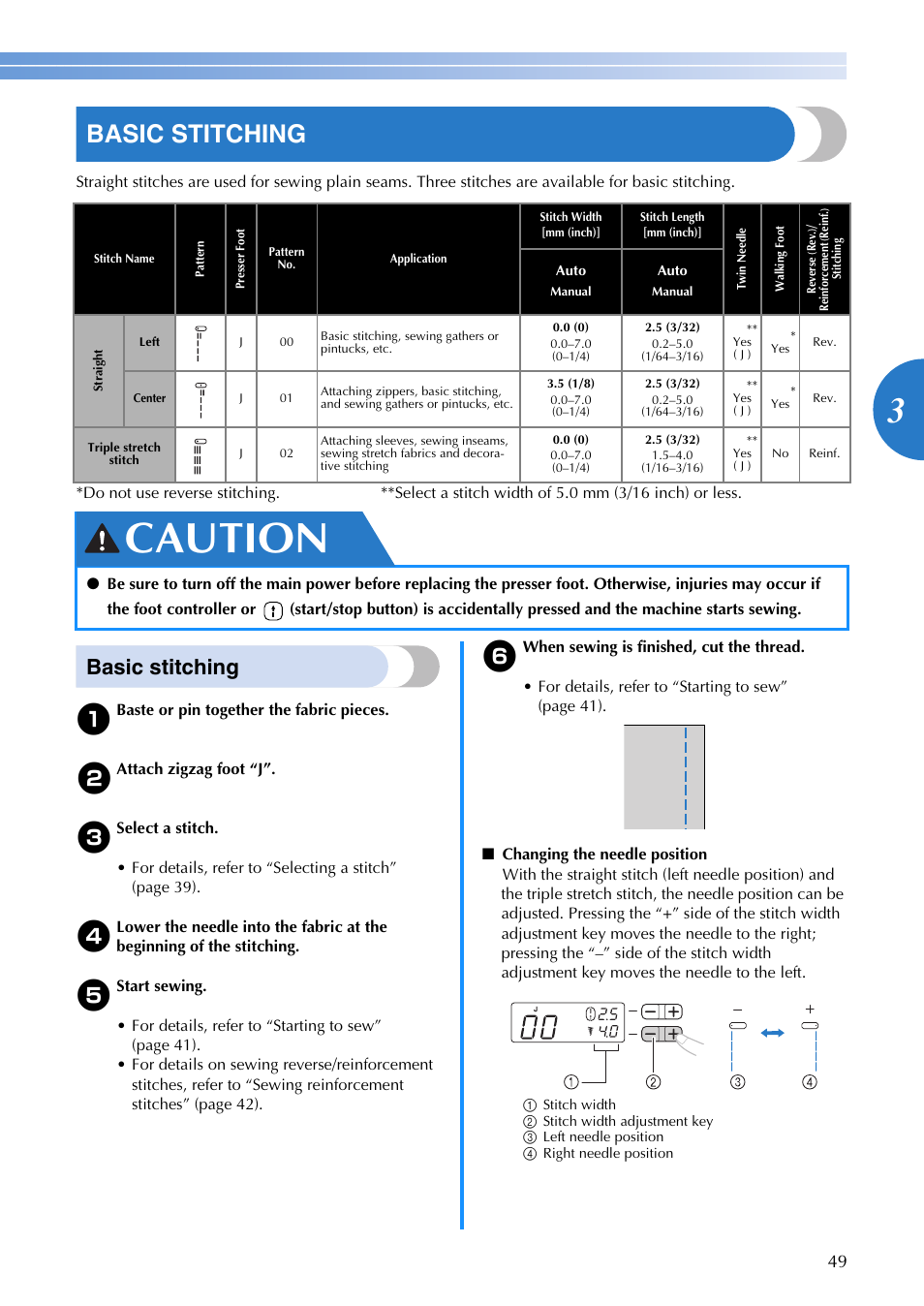 Caution, Basic stitching | Brother DZ2750 User Manual | Page 51 / 116