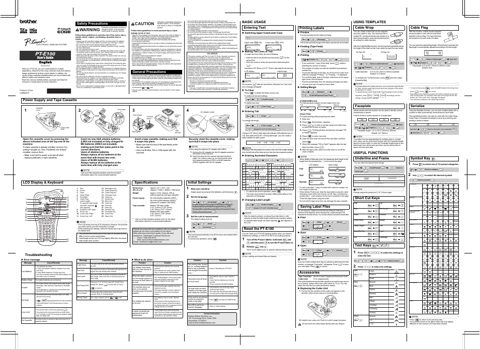 Brother PT-E100 User Manual | 1 page