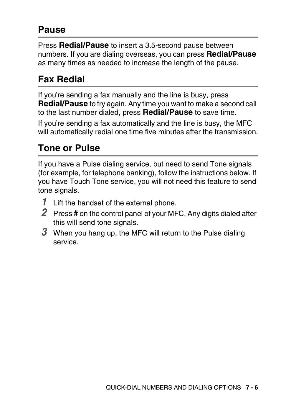 Pause, Fax redial, Tone or pulse | Pause -6 fax redial -6 tone or pulse -6 | Brother MFC-3420C User Manual | Page 102 / 191