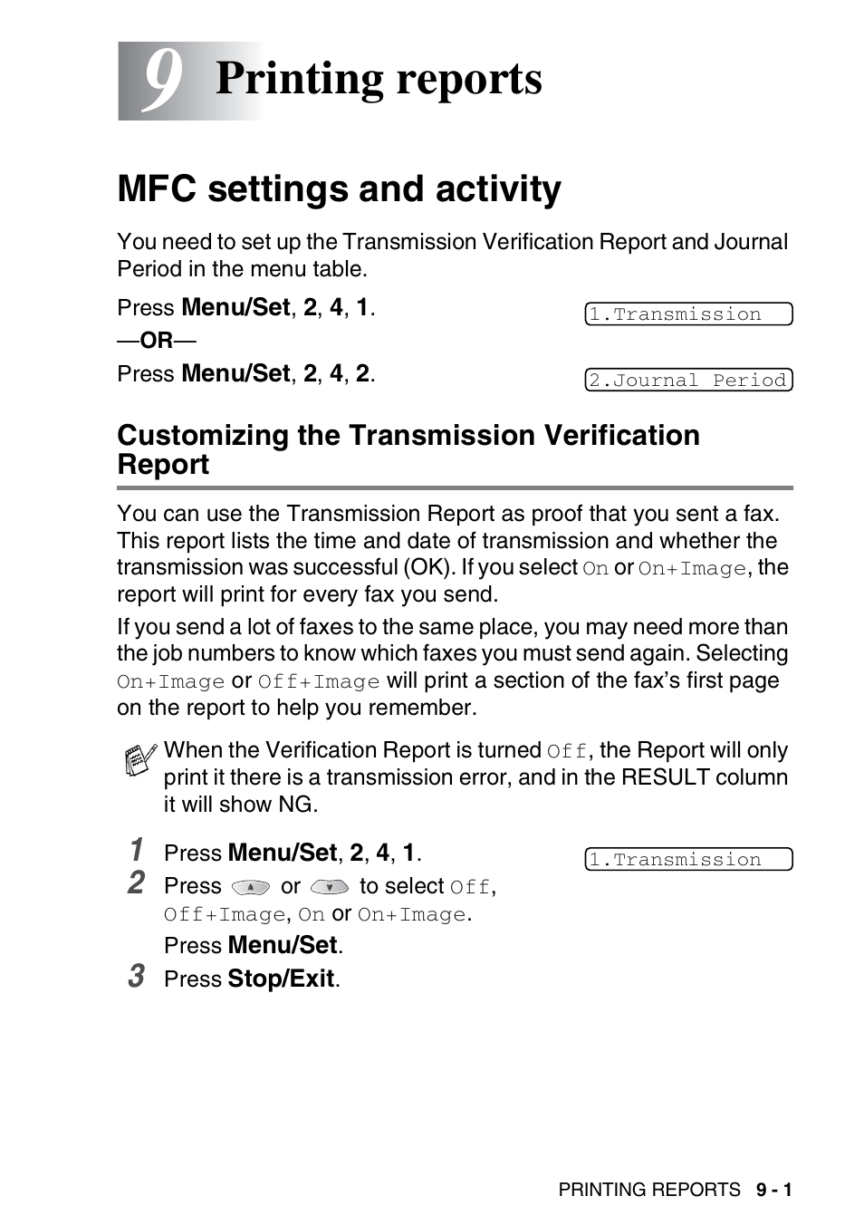 9 printing reports, Mfc settings and activity, Customizing the transmission verification report | Printing reports -1, Mfc settings and activity -1, Printing reports | Brother MFC-3420C User Manual | Page 110 / 191